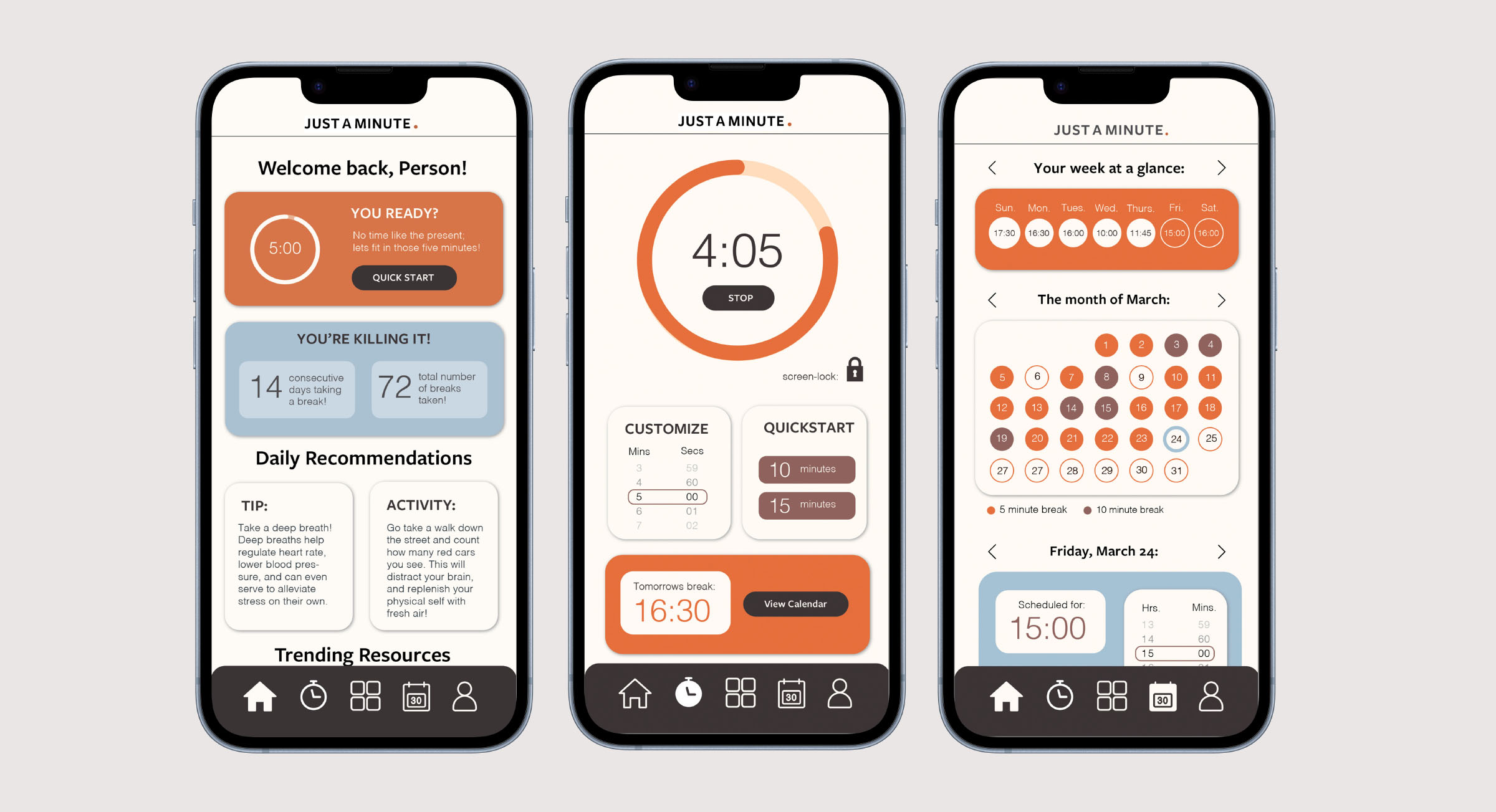 three phones with 'just a minute' app