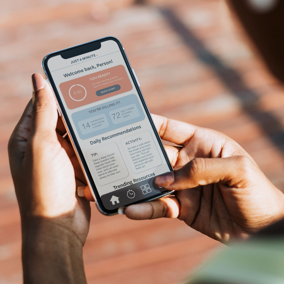 'just a minute' app phone mockup