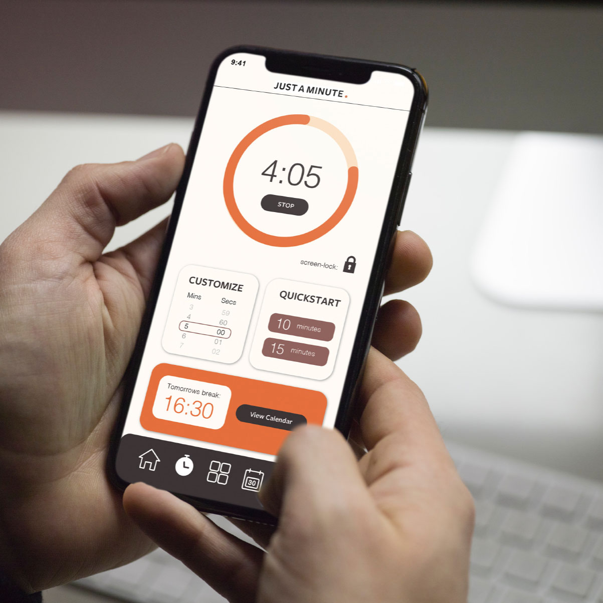 'just a minute' app phone mockup